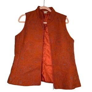Christopher & Banks Womens Orange Floral Brocade Quilted Zipper Vest Medium